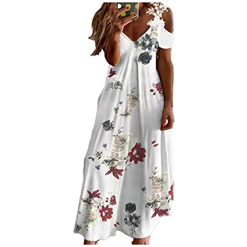 Sommerkleider Damen Lang Maxikleider Elegant Blumen Damenkleider Cold Shoulder Sommerkleid A Linie Strandkleid Luftig V Ausschnitt Kleider Leicht Maxi Kleid Frauen Kurzarm Häkel Spitze von Generisch