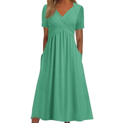 Sommerkleider Damen Leicht Lang A Linie Kleider Damen Sommer Elegant V Ausschnitt Midi Sommerkleid Leichte mit Taschen Midikleid Frauen Plissee Kurzarm Strandkleid Luftig Locker Kleid von Generisch