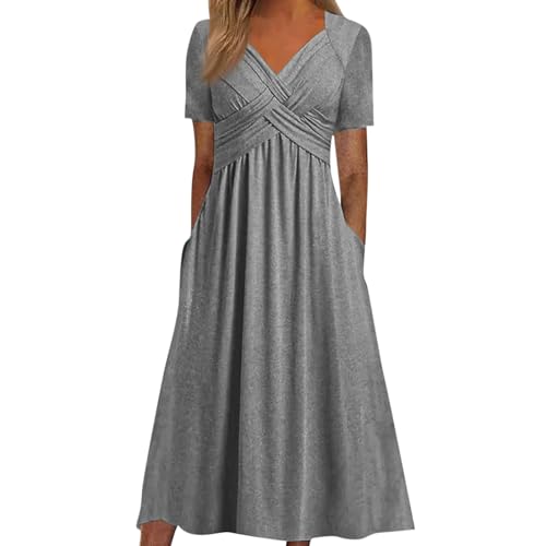 Sommerkleider Damen Leicht Lang A Linie Kleider Damen Sommer Elegant V Ausschnitt Midi Sommerkleid Leichte mit Taschen Midikleid Frauen Plissee Kurzarm Strandkleid Luftig Locker Kleid von Generisch