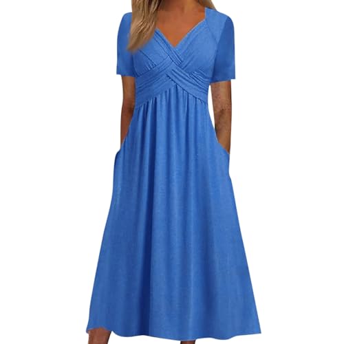 Sommerkleider Damen Leicht Lang A Linie Kleider Damen Sommer Elegant V Ausschnitt Midi Sommerkleid Leichte mit Taschen Midikleid Frauen Plissee Kurzarm Strandkleid Luftig Locker Kleid von Generisch