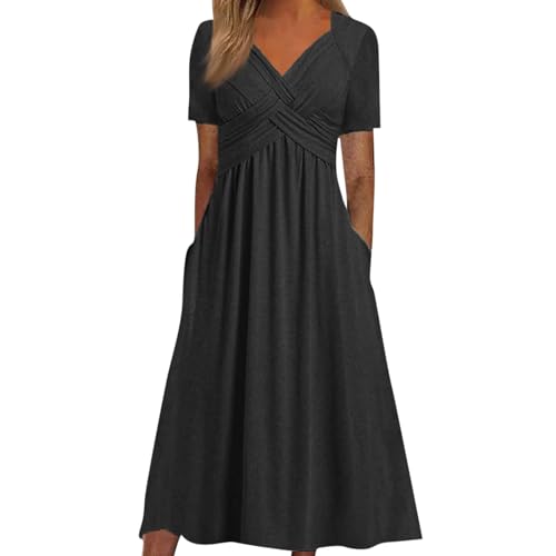 Sommerkleider Damen Leicht Lang A Linie Kleider Damen Sommer Elegant V Ausschnitt Midi Sommerkleid Leichte mit Taschen Midikleid Frauen Plissee Kurzarm Strandkleid Luftig Locker Kleid von Generisch