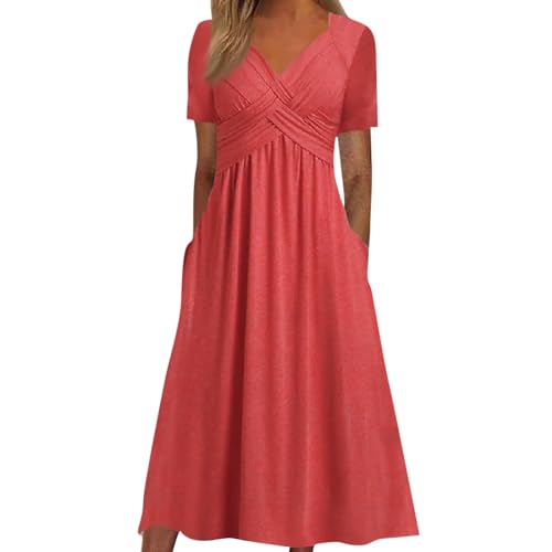 Sommerkleider Damen Leicht Lang A Linie Kleider Damen Sommer Elegant V Ausschnitt Midi Sommerkleid Leichte mit Taschen Midikleid Frauen Plissee Kurzarm Strandkleid Luftig Locker Kleid von Generisch