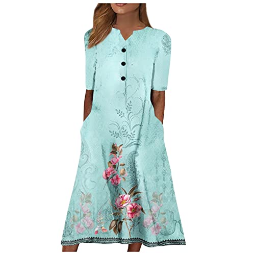 Sommerkleider Damen Leicht Lang Boho Kleid Damen Sommer A Linie Kleider Elegant V Ausschnitt Midi Sommerkleid Leichte Bohemian Midikleid Frauen Blumen mit Taschen Strandkleid Luftig Boho-Kleid von Generisch