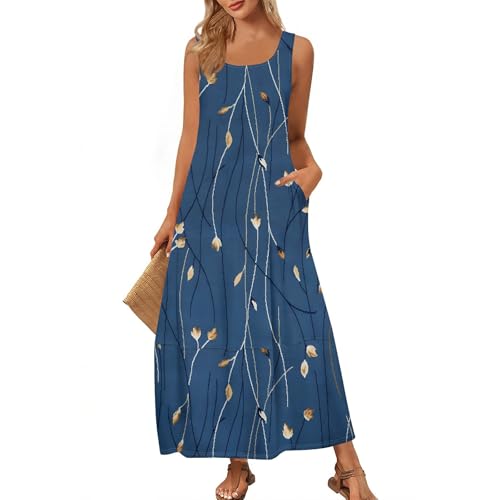 Sommerkleider Damen Leicht Und Luftig Boho Kleider Damen Sommer Lang Ärmellos Elegant Kleid Bohemian Maxi Sommerkleid Frauen Leicht Blumen Strandkleid A-Linien Kleid mit Taschen U Ausschnitt von Generisch