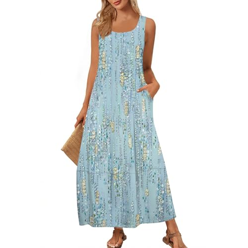 Sommerkleider Damen Leicht Und Luftig Boho Kleider Damen Sommer Lang Ärmellos Elegant Kleid Bohemian Maxi Sommerkleid Frauen Leicht Blumen Strandkleid A-Linien Kleid mit Taschen U Ausschnitt von Generisch