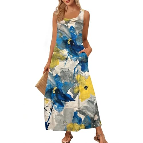 Sommerkleider Damen Leicht Und Luftig Boho Kleider Damen Sommer Lang Ärmellos Elegant Kleid Bohemian Maxi Sommerkleid Frauen Leicht Blumen Strandkleid A-Linien Kleid mit Taschen U Ausschnitt von Generisch