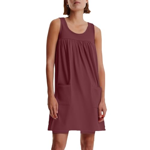 Sommerkleider Damen Leicht Und Luftig Kurz Kleider Damen Sommer Elegant Plissee Ärmellos Leichte Sommerkleid Frauen A Linie mit Taschen Kleid Sommer U Ausschnitt Locker Strandkleid Luftig von Generisch