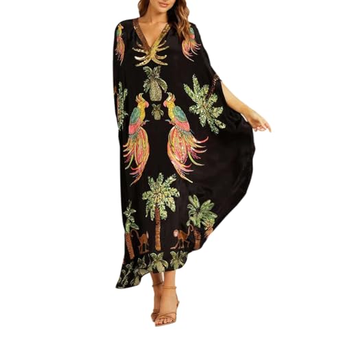 Sommerkleider Damen Leicht Und Luftig Lang Elegant - Strandkleid Damen Sommer V-Ausschnitt Bedrucktes Hawaii-Kleid Große Größen Cover-Up-Badeanzug Lockeres Freizeitkleid Vintage Urlaubs-Kleidung von Generisch