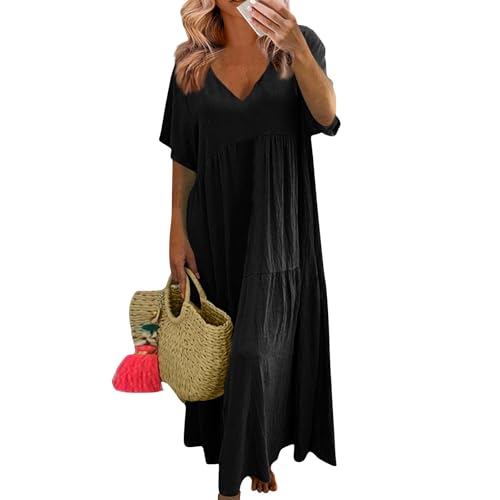 Sommerkleider Damen Leicht Und Luftig Lang Kleider Damen Sommer Maxi Elegant Plissee Maxikleid Damen Sommer A Linie V Ausschnitt Sommerkleid Frauen Große Größen Kurzarm Kleid üBergröße Locker von Generisch