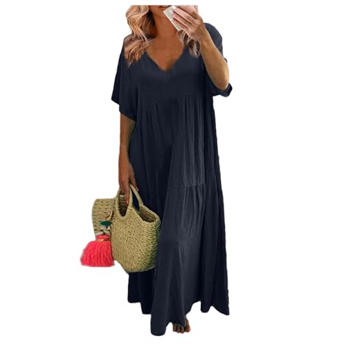 Sommerkleider Damen Leicht Und Luftig Lang Kleider Damen Sommer Maxi Elegant Plissee Maxikleid Damen Sommer A Linie V Ausschnitt Sommerkleid Frauen Große Größen Kurzarm Kleid üBergröße Locker von Generisch