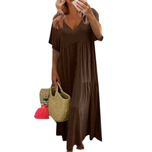 Sommerkleider Damen Leicht Und Luftig Lang Kleider Damen Sommer Maxi Elegant Plissee Maxikleid Damen Sommer A Linie V Ausschnitt Sommerkleid Frauen Große Größen Kurzarm Kleid üBergröße Locker von Generisch