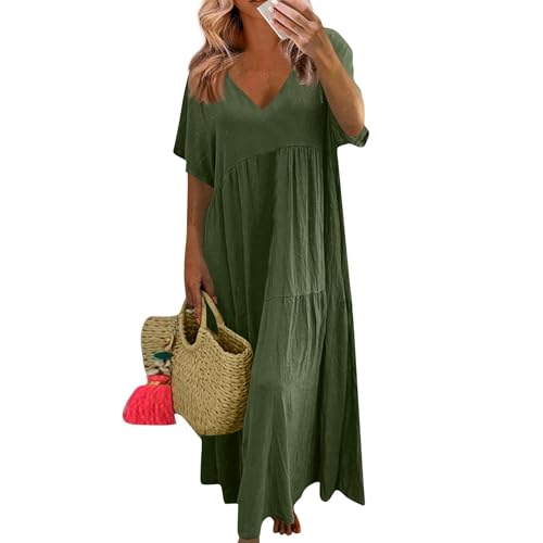 Sommerkleider Damen Leicht Und Luftig Lang Kleider Damen Sommer Maxi Elegant Plissee Maxikleid Damen Sommer A Linie V Ausschnitt Sommerkleid Frauen Große Größen Kurzarm Kleid üBergröße Locker von Generisch