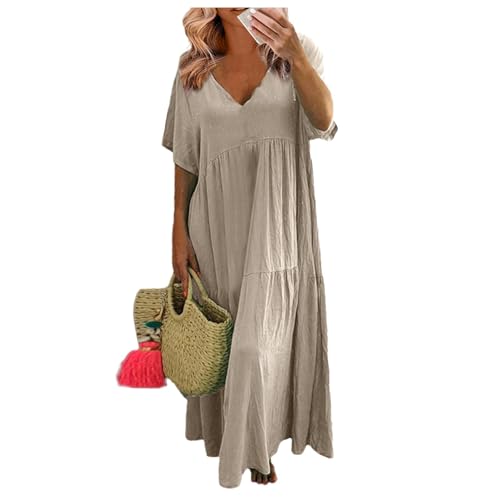 Sommerkleider Damen Leicht Und Luftig Lang Kleider Damen Sommer Maxi Elegant Plissee Maxikleid Damen Sommer A Linie V Ausschnitt Sommerkleid Frauen Große Größen Kurzarm Kleid üBergröße Locker von Generisch