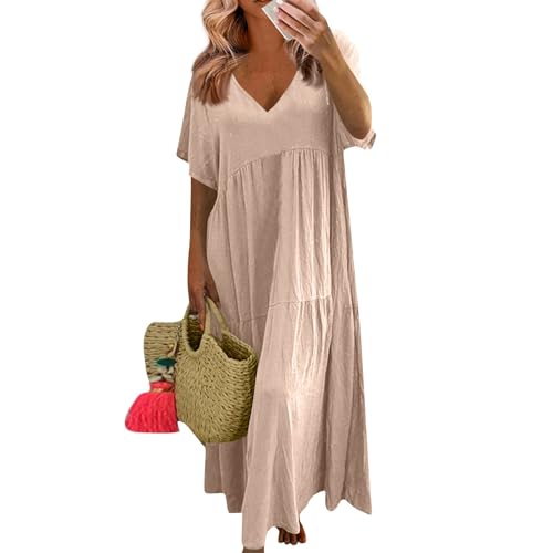 Sommerkleider Damen Leicht Und Luftig Lang Kleider Damen Sommer Maxi Elegant Plissee Maxikleid Damen Sommer A Linie V Ausschnitt Sommerkleid Frauen Große Größen Kurzarm Kleid üBergröße Locker von Generisch
