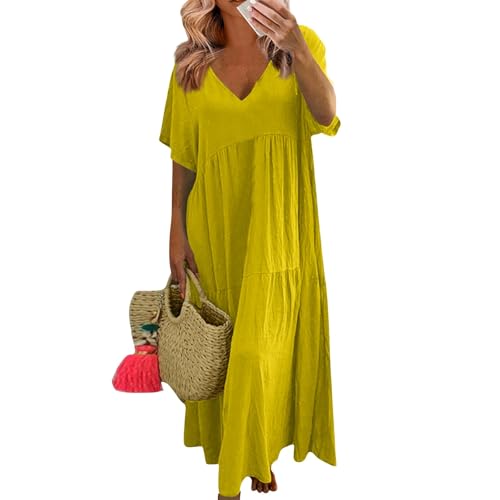 Sommerkleider Damen Leicht Und Luftig Lang Kleider Damen Sommer Maxi Elegant Plissee Maxikleid Damen Sommer A Linie V Ausschnitt Sommerkleid Frauen Große Größen Kurzarm Kleid üBergröße Locker von Generisch