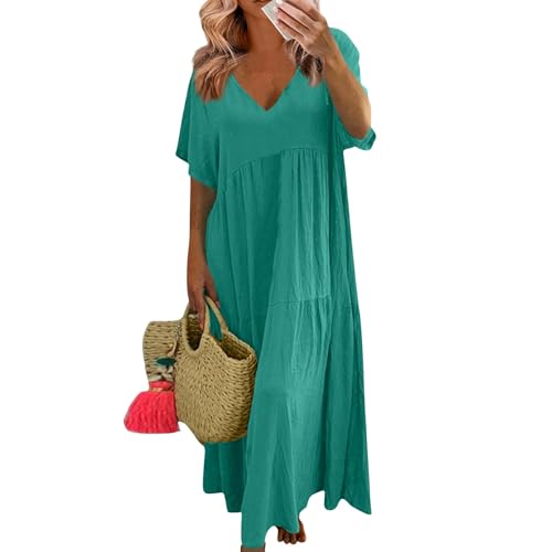 Sommerkleider Damen Leicht Und Luftig Lang Kleider Damen Sommer Maxi Elegant Plissee Maxikleid Damen Sommer A Linie V Ausschnitt Sommerkleid Frauen Große Größen Kurzarm Kleid üBergröße Locker von Generisch