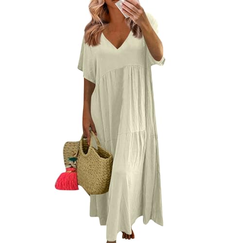 Sommerkleider Damen Leicht Und Luftig Lang Kleider Damen Sommer Maxi Elegant Plissee Maxikleid Damen Sommer A Linie V Ausschnitt Sommerkleid Frauen Große Größen Kurzarm Kleid üBergröße Locker von Generisch