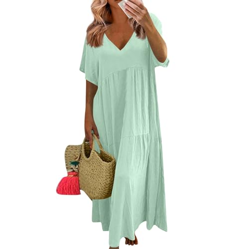 Sommerkleider Damen Leicht Und Luftig Lang Kleider Damen Sommer Maxi Elegant Plissee Maxikleid Sommer A Linie V Ausschnitt Sommerkleid Frauen Große Größen Kurzarm Kleid üBergröße Locker von Generisch