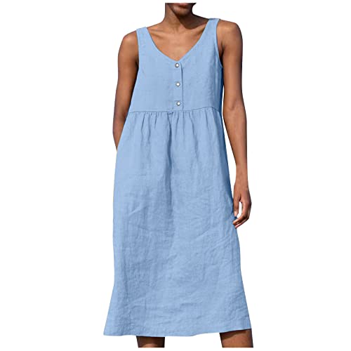 Sommerkleider Damen Leicht Und Luftig mit Knopfleiste Midi Kleider Breite Träger Damenkleider V Ausschnitt Kleid Damen Sommer Weite Ärmellos Leinenkleid Lässig Strandkleid Elegant Sommerkleid von Generisch