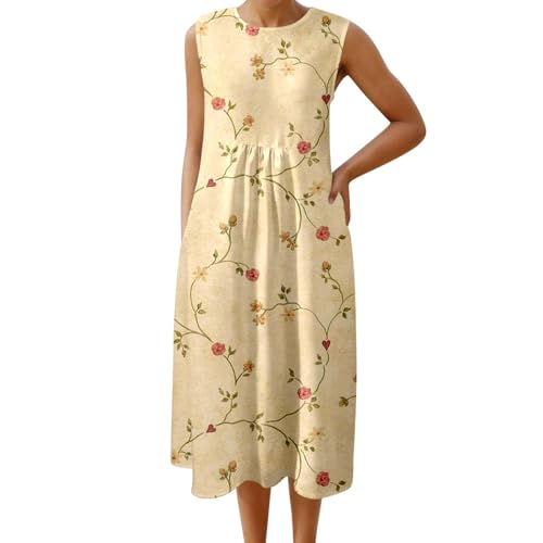 Sommerkleider Damen Leicht und Luftig, Musselin Kleid Damen Leicht und Luftig Ärmellos Sommerkleid Lang Casual Leinenkleider Boho Strandkleid Freizeit Sommer A-Linie Freizeitkleid, Light Yellow, XXL von Generisch