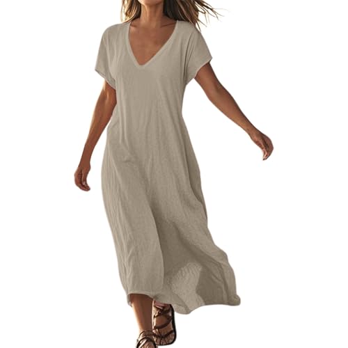 Sommerkleider Damen Leicht und Luftig, Strandkleid Damen Lang Vintage a Linie V Ausschnitt Tunikakleid Sommer Maxikleid Strandmode Sommerkleider Leicht und Luftig Vintage Shirtkleid, Khaki, XXL von Generisch
