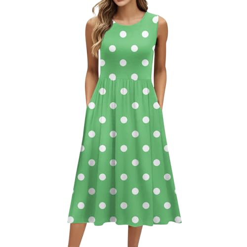Sommerkleider Damen Leicht und Luftig Lang Punkte Kleider Damen Sommer Elegant Midi Plissee Sommerkleid Frauen Ärmellos A Linie Strandkleid Luftige Midikleid mit Taschen Gepunktetes Kleid von Generisch