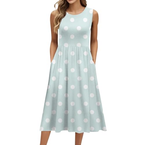 Sommerkleider Damen Leicht und Luftig Lang Punkte Kleider Damen Sommer Elegant Midi Plissee Sommerkleid Frauen Ärmellos A Linie Strandkleid Luftige Midikleid mit Taschen Gepunktetes Kleid von Generisch