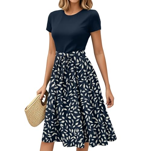 Sommerkleider Damen Leicht und Luftig Tunika Sommer Knielang Strandkleid mit Gürtel Lässige Boho Kleid Chiffonkleid Röcke Kurzarm Rundhals Print für Abendkleid Summer Wickeloptik von Generisch