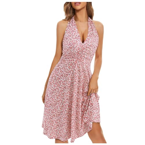 Sommerkleider Damen Sexy V-Ausschnitt Ärmelloses Boho Kleid Strandkleid 2024 Elegant Hohe Taille Sommerkleid Partykleid Casual ärmellos Swing Kleid Blumenkleid Sommer Strand Maxi Dress (Pink, XXL) von Generisch