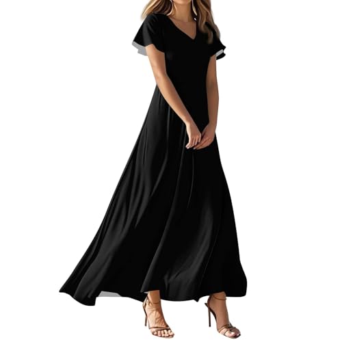 Sommerkleider Lang Leicht Und Luftig Kurzarm V-Ausschnitt Einfarbig Maxikleid A Linie Freizeit Kleid Damen Abendkleid Mit Kurzen Rüchenämeln Strandkleid Freizeitkleid Schwarz-A XXL von Generisch