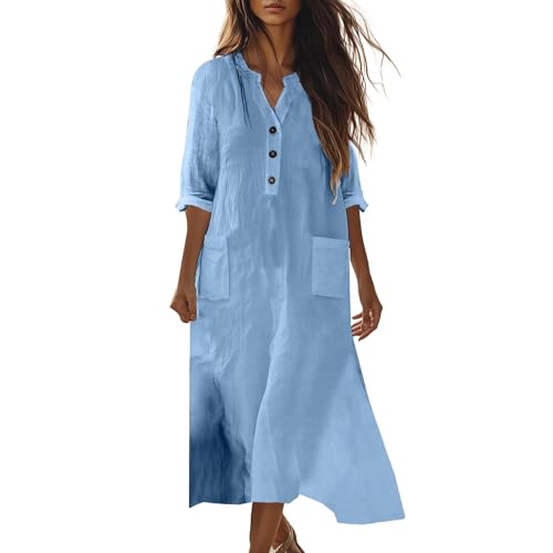 Sommerkleider aus Baumwolle mit V-Ausschnitt, halblange Ärmel, einfarbig, Midi-Kleid mit Knopf-Design und Taschen, große Größen, Bohemian-Baumwoll-Sommerkleid, blau, 3XL Sommerkleider aus Baumwolle mit V-Ausschnitt, halblange Ärmel, einfarbig, Midi-Kleid mit Knopf-Design und Taschen, große Größen, Bohemian-Baumwoll-Sommerkleid, blau, 3XL von Generisch