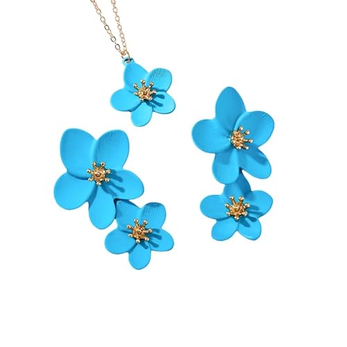 Sommerliche Böhmische Blaue Blumenohrringe mit Halskette, Übertriebene Florale Ohrhänger, Ohrstecker mit Blütenblättern, Schmuck für Frauen und Mädchen von Generisch