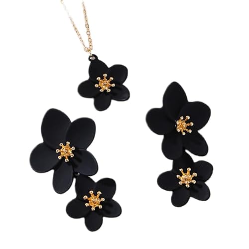 Sommerliche Böhmische Schwarze Blumenohrringe mit Halskette, Übertriebene Florale Ohrhänger, Ohrstecker mit Blütenblättern, Schmuck für Frauen und Mädchen von Generisch