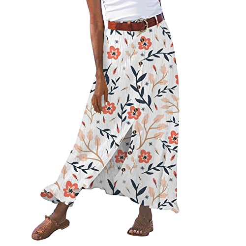 Sommerrock Damen Leinenrock Elegant Hohe Taille Gedruckte A Linie Rock Damen Blumenrock Weicher Dehnbarer Maxirock Langer Luftiger Freizeitrock mit Knopf Vintage Elastischer Swing Bohemian Strandrock von Generisch