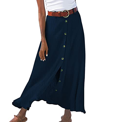 Sommerrock Damen Leinenrock Elegant Hohe Taille Gedruckte A Linie Rock Damen Blumenrock Weicher Dehnbarer Maxirock Langer Luftiger Freizeitrock mit Knopf Vintage Elastischer Swing Bohemian Strandrock von Generisch