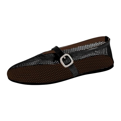 Sommerschuhe Damen Bequem Ballerinas Flach Für Damen Runde Bequeme Mary Jane-Schuhe Schnallenriemen Fischnetz Loafer Flats Mesh Atmungsaktiv Ballett Tanzschuhe Leichtgewichts Halbschuhe von Generisch