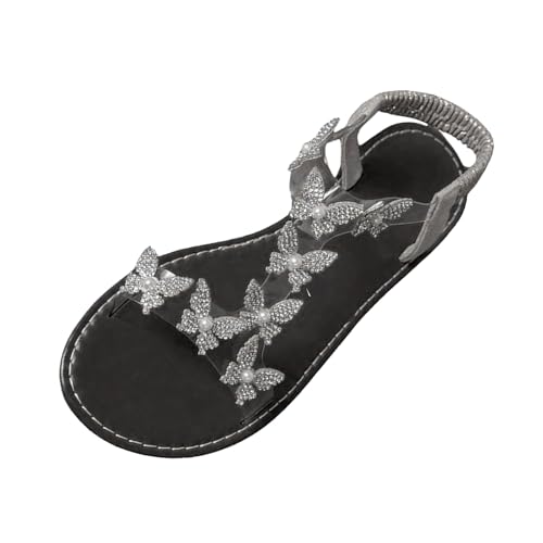 Sommerschuhe Danen, Sandalen Damen Sommer Glitzer Bohemia Flach Strandschuhe Strass Schmetterling Sandale Peeptoe Sandalette Lässige Barfußschuhe T-Riemen Freizeitschuhe Breite Füße Damenschuhe von Generisch