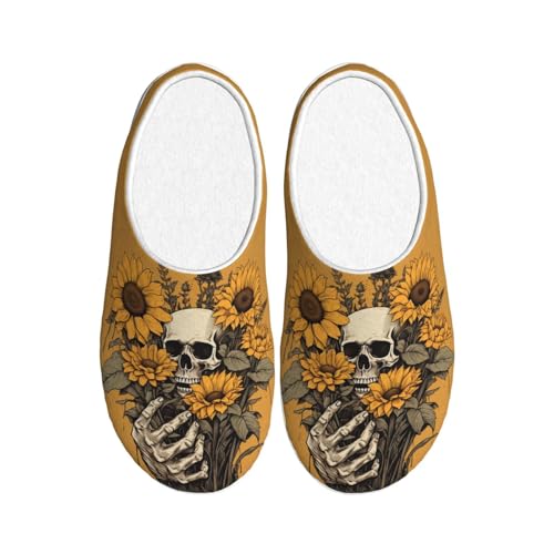 Sonnenblume Skelett Damen Hausschuhe Flanell Haus Pantoffeln für Herren Schädel Blume rutschfeste Warme Winterschuhe für Indoor Outdoor, mehrfarbig, X-Small Men/ Large Women von Generisch