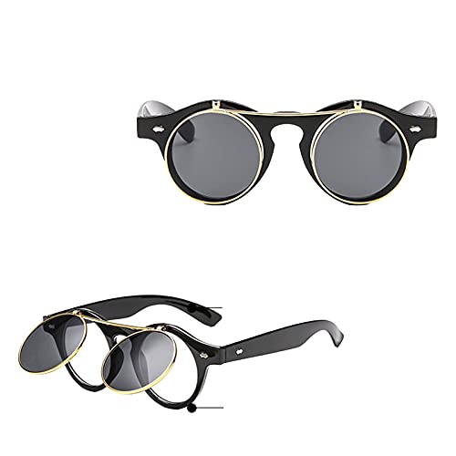 Sonnenbrille Herren/Damen Polarisierte Sonnenbrille Sunglasses Steampunk Goth Brille Brille Retro Flip Up Runde Sonnenbrille Vintage Coole Sonnenbrille 18×8×3cm（Matt-schwarz） von Generisch