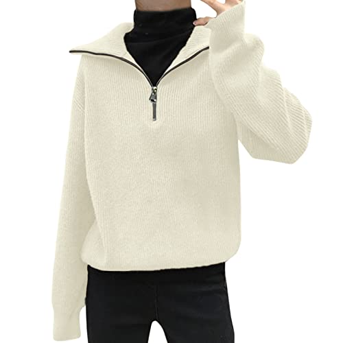 Soquesto Damen Pullover Damen Rollkragenpullover Oversize Reißverschluss Strickpullover Langarm Einfarbig Lose Damen Winter Pullover Damen Pullover Weiss (A, One Size) von Generisch