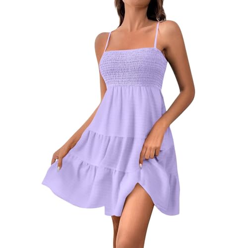 Spaghettiträger Kleid Damen Sommerkleid Damen Kurz Spaghettiträger Minikleid A Linie Leicht und Luftig, Strandkleid Elegant Freizeit Swing Kleid Lila S von Generisch