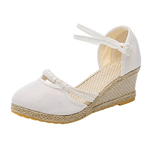 Spangenpumps Damen Espadrilles für Damen Plateau Sandalen Sommer Elegante Outdoorsandale mit Geschlossene Keilabsatz Strandschuhe Pumps Frauen Weite H Absatz Pumps Weiß,40 von Generisch