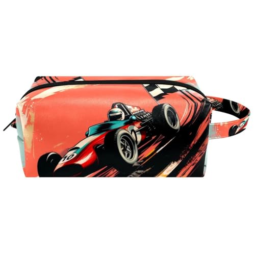 Speeding Racing Car mit karierter Flagge und Rennstrecke Damen Leder Kosmetiktasche Tasche mit Griff, wasserdichte hängende Kulturbeutel Reisetasche, kleines Federmäppchen für Kinder, Multicolor 08, von Generisch