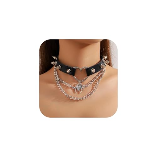 Spiked Choker für Frauen - Schwarzes Leder Punk Halsband mit Fledermaus & Spinne Anhänger Gothic Verstellbar Choker für Halloween & Cosplay, Einheitsgröße, Leder, Kein Edelstein von Generisch