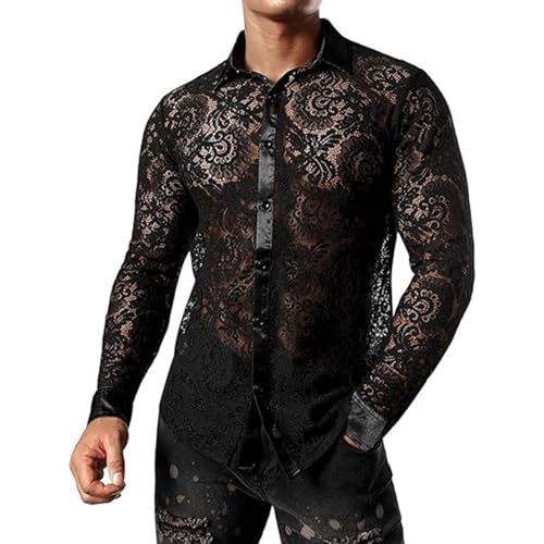 Spitze Hemd Herren Transparent Blumen Langarmhemd Button Down Freizeithemd Durchsichtige Oberteile Sexy Clubwear Männer Netz Hemden Dünnes Spitze Shirt Spitzenhemd Schwarz von Generisch