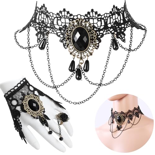 Spitzen-Halsband und Armband, handgefertigt, Gothic-Vintage-Stil, Retro-Vampir-inspirierter Schmuck für Halloween-Feiern von Generisch