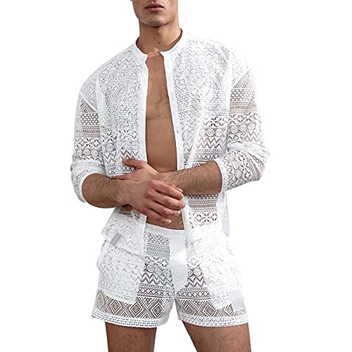 Spitzen Mesh Strandanzug Herren Lässig Hohl Oberteil Kurze Hosen Set Schlafanzug Hawaii 2 Teiler Spitzenhemd Shorts Set Transparen Spitze Button Down Langarm Hemd von Generisch