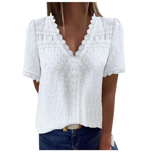 Spitzen Oberteile Damen große größen, Trachtenbluse Weiß Spitze T-Shirt Elegantes Hemd Trachtenblusen Elegant Sommer Bluse Spitzenbluse V-Ausschnitt Boho Tunika Festliche Blusen Sommerbluse von Generisch