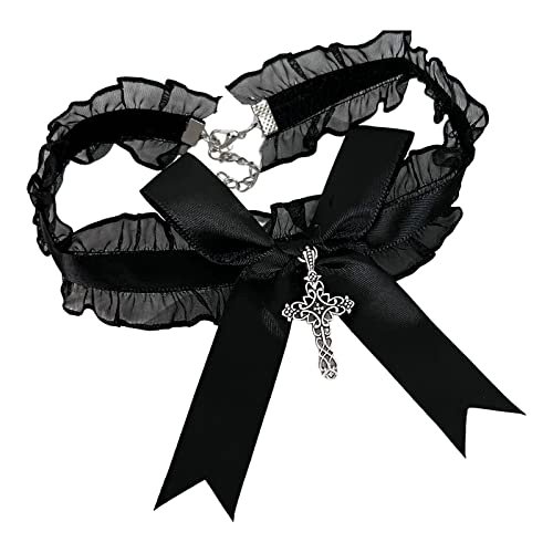 Spitzen-Rüschen-Choker-Halskette, Schleifenkreuz-Anhänger, Halsbekleidung, Halloween-Kostüm-Schmuck, 8.97x3.12in, Stoff, Kein Edelstein Spitzen-Rüschen-Choker-Halskette, Schleifenkreuz-Anhänger, Halsbekleidung, Halloween-Kostüm-Schmuck, 8.97x3.12in, Stoff, Kein Edelstein von Generisch