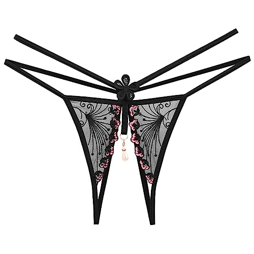 Spitzen Unterwäsche Hohl Niedrige Taille Unterhose Offener Schnitt Perle Massage Tanga Herren Shorts Unterwäsche (Black, One Size) von Generisch